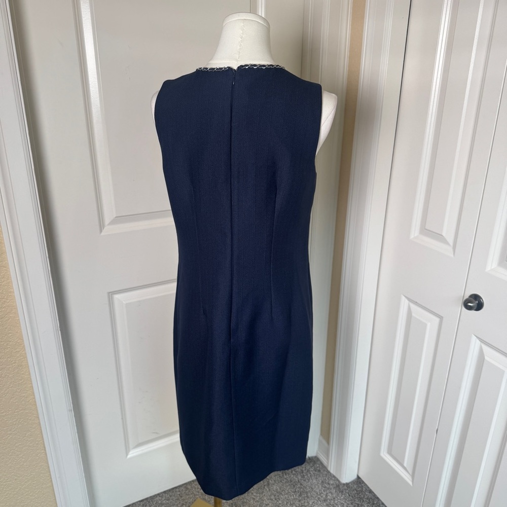 Karl Lagerfeld Paris Women's 6 Tweed Navy Dress with Pearl and Chain Detail - Picture 3 of 7